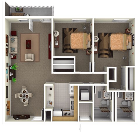 Floor plan for 2 beds, 2 baths, 1050 sqft